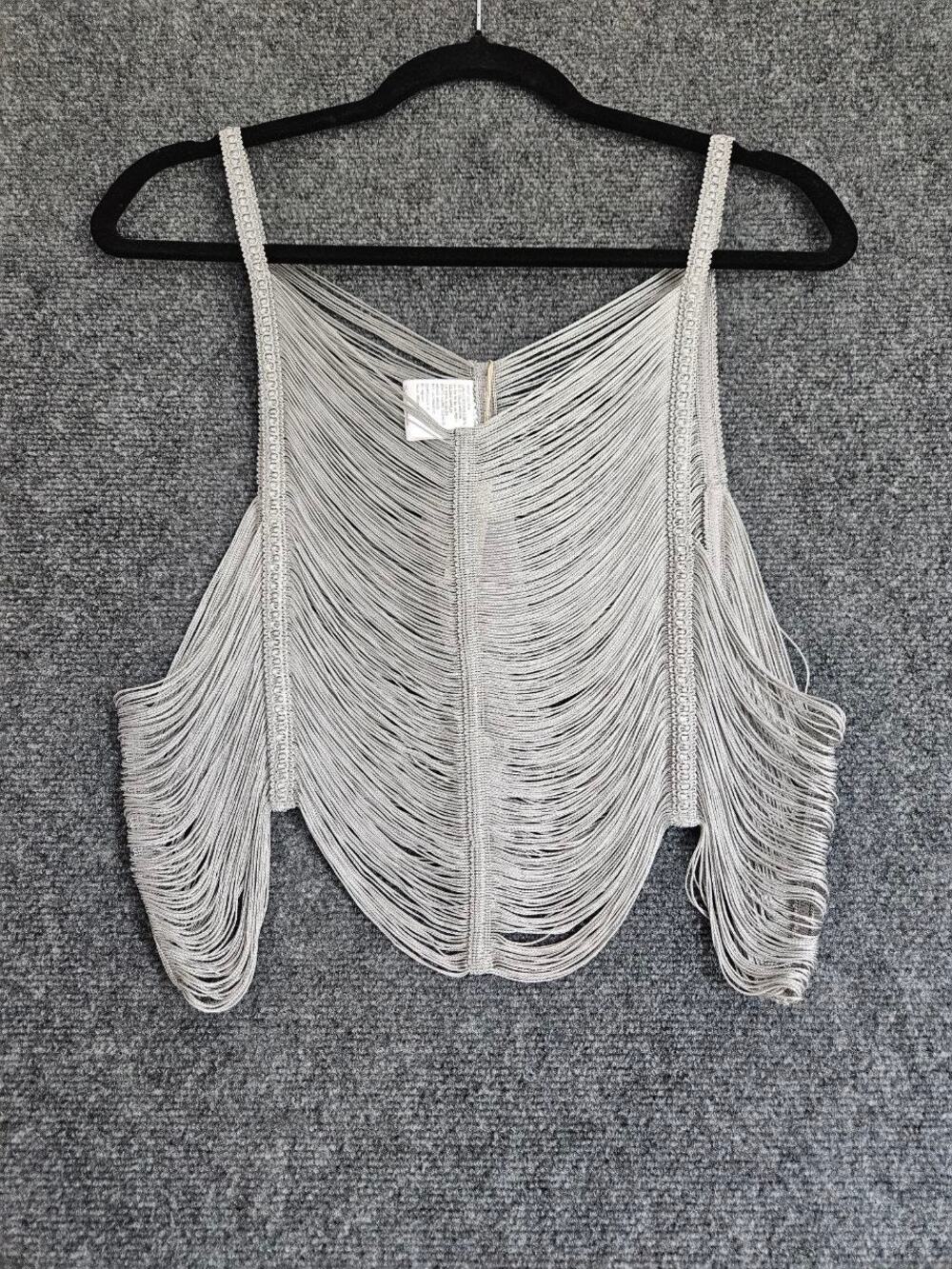 Bless Gray Fringe Crop Top Sleeveless Boho Festival Beach Cover-Up Size M NWT